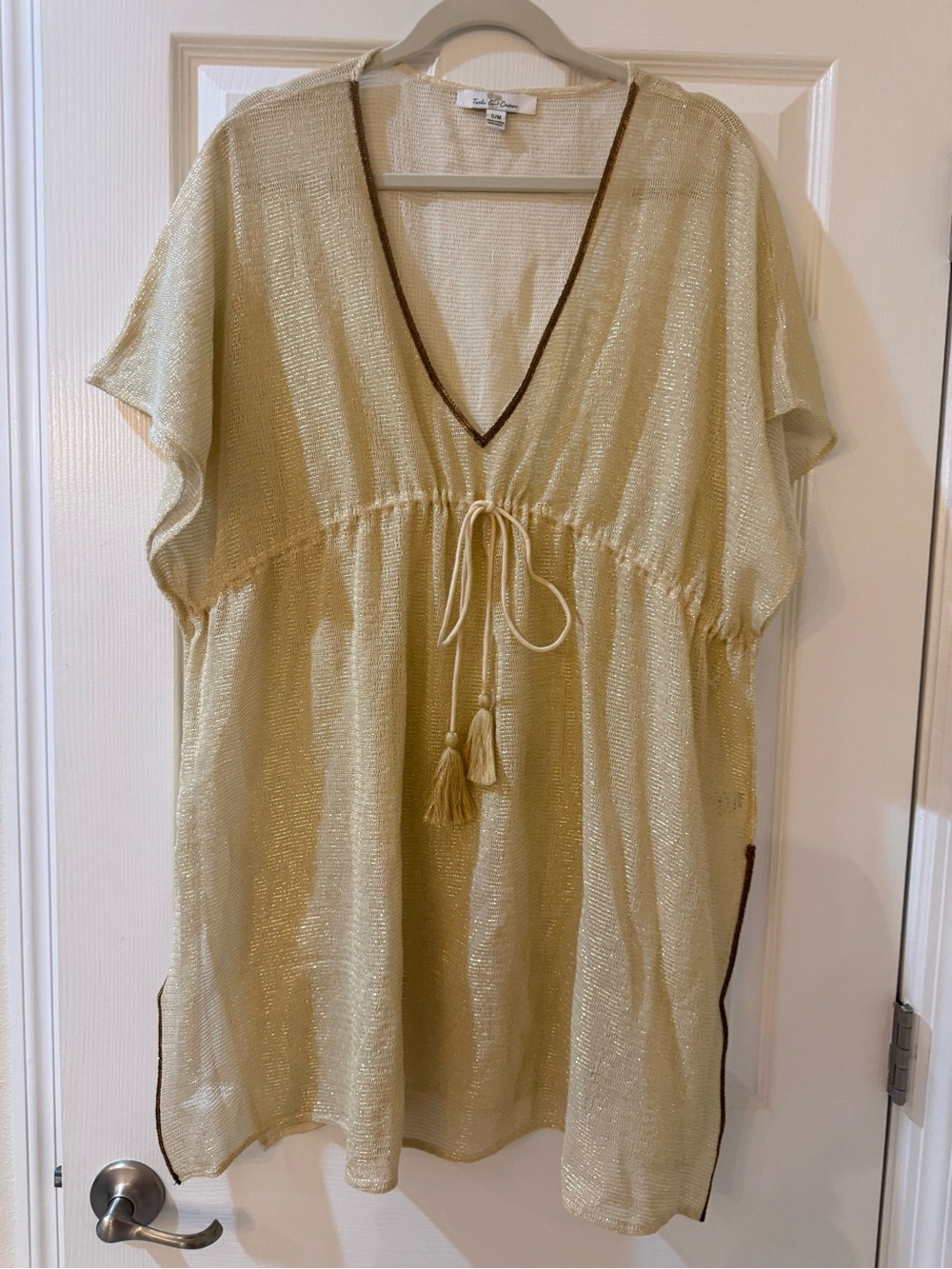 Turks & Caicos Gold Metallic V-Neck Swim Coverup with Tassel Tie and Beaded Hem